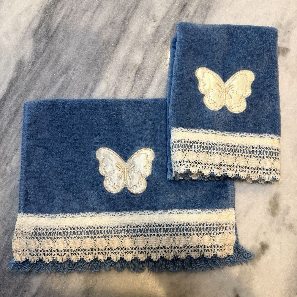 Vtg Saturday Knight Finger Tip Hand Towel Set Blue Butterfly Embellished Lace